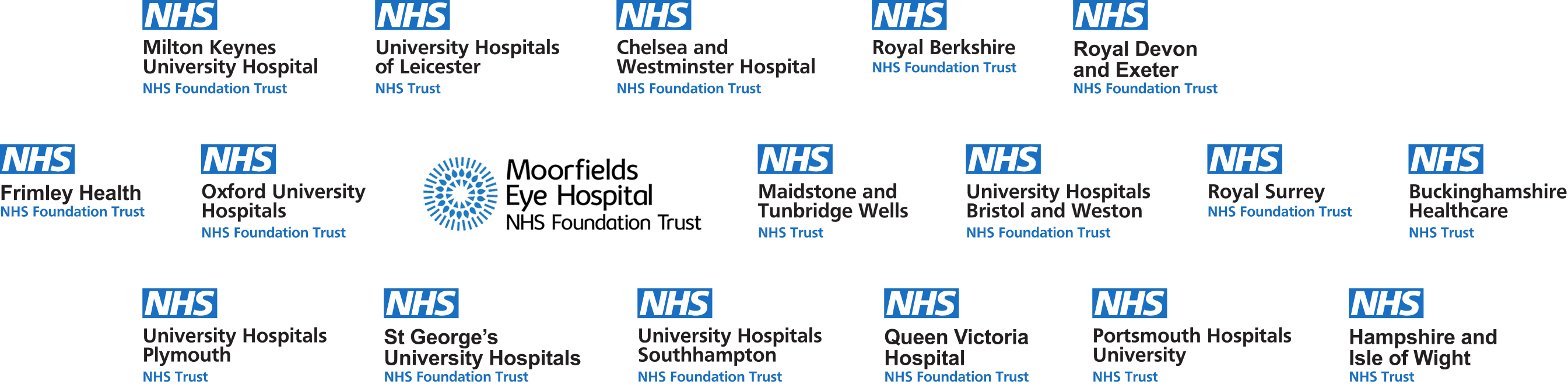 NHS trust partners including Milton Keynes, Leicester, Chelsea and Westminster, Moorfields, and more